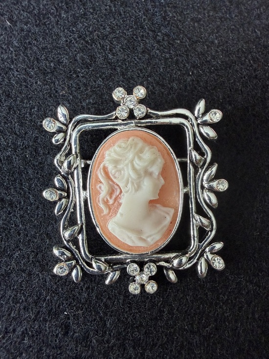 Jewelry - Vintage Cameo Portrait Brooch in Peach and White